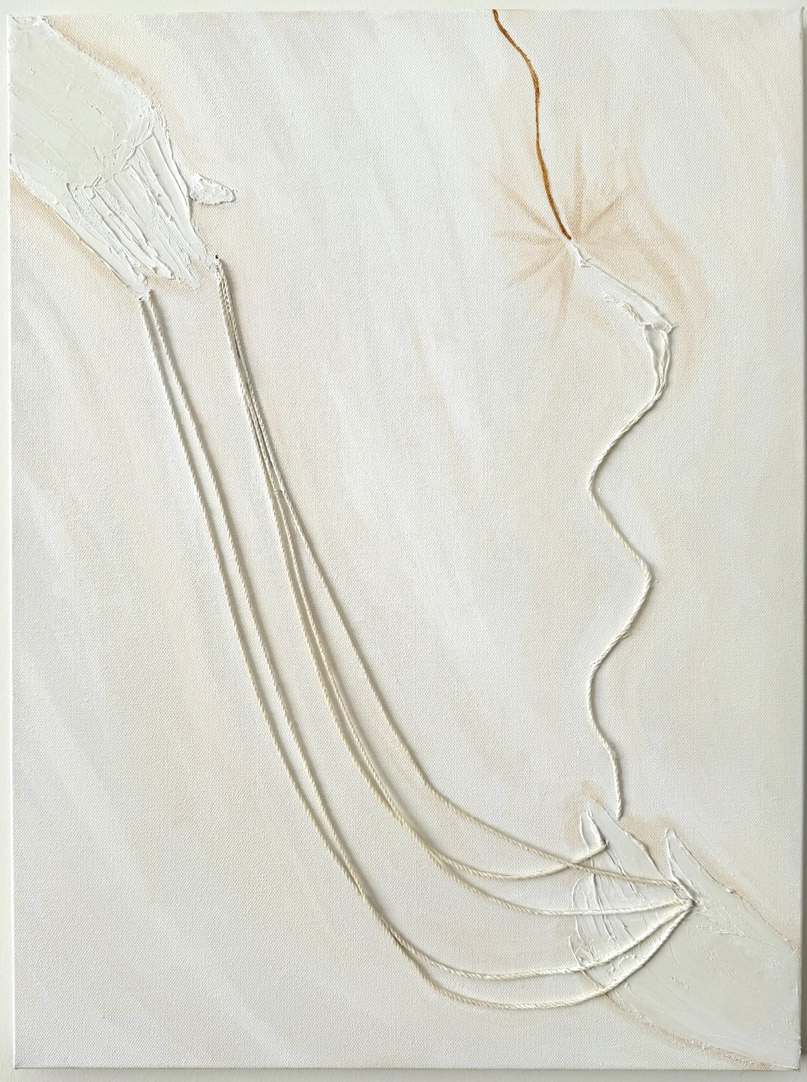 Beginning, End, Beginning, Looping cords and raised textures on a cream canvas