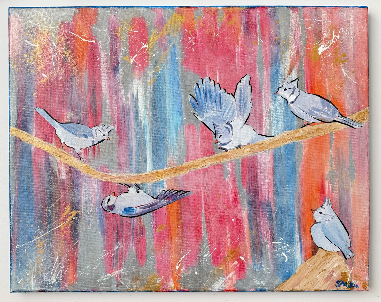 Drifter, Birds perched and flying across a colorful layered background