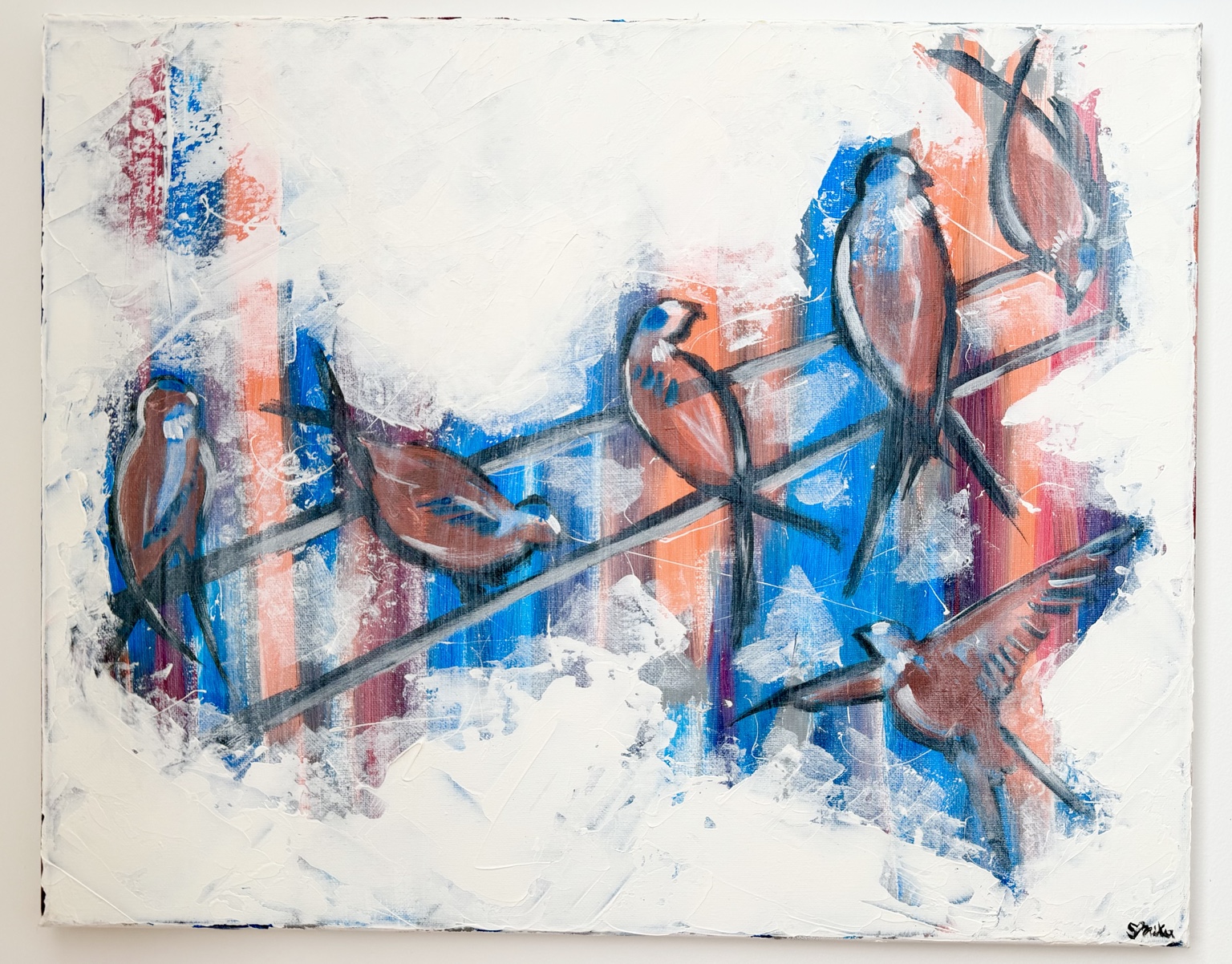 Electric Warmth, Expressive blue and coral abstract marks on a textured white background