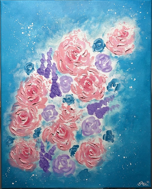 Full-Bloom, a vibrant blue painting with layered pink and purple flowers