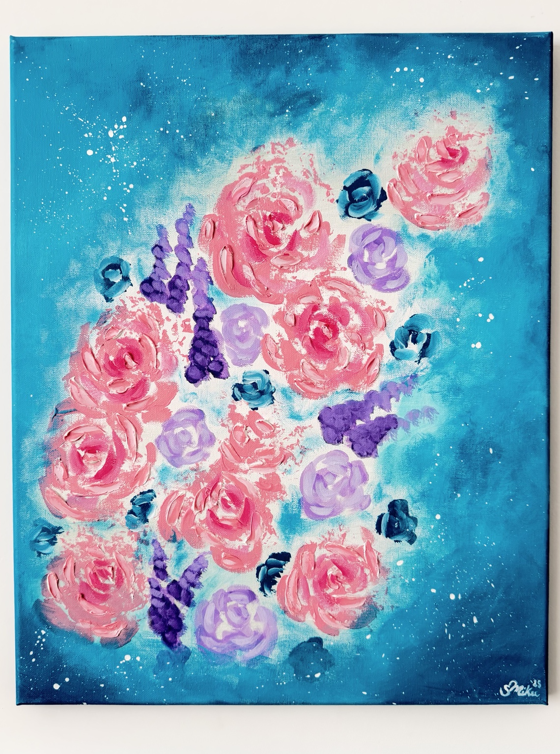Full-Bloom, blue painting with an expressive bouquet of pink and purple flowers