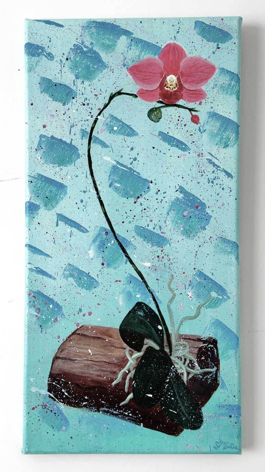 Set apart, A pink flower on a curved stem against a textured pale blue background