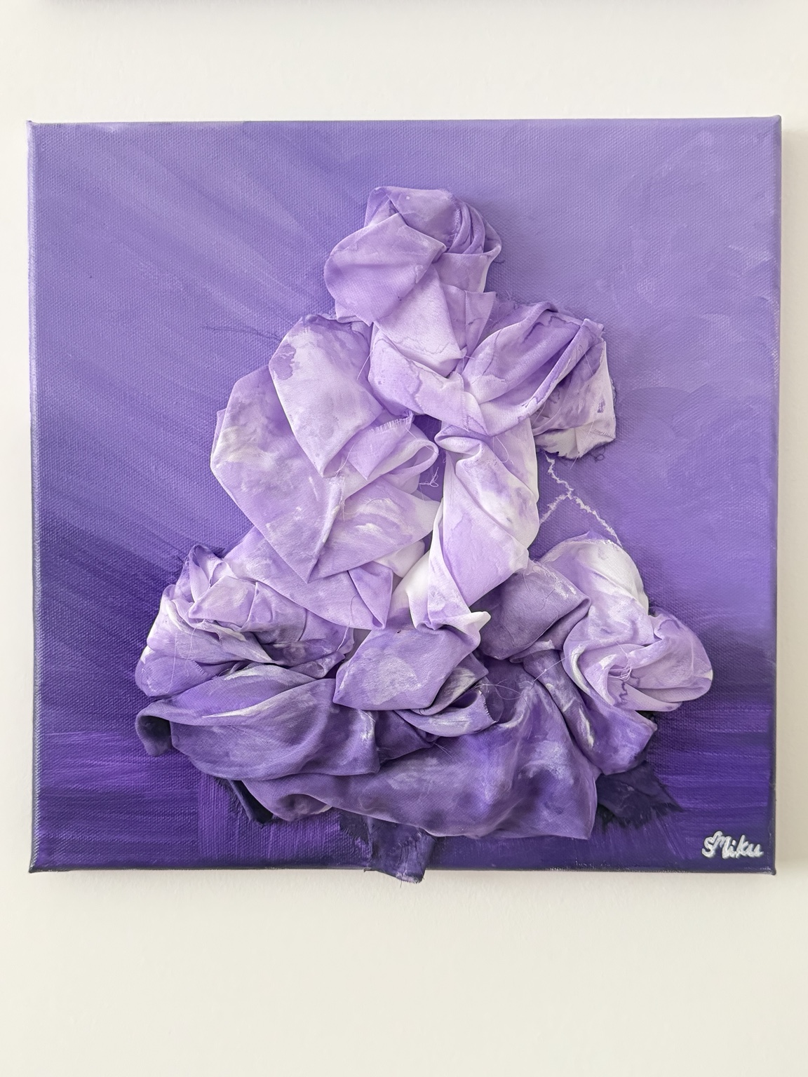 Summer Storm, Layered purple fabric storm clouds with a white lightning streak on a purple canvas