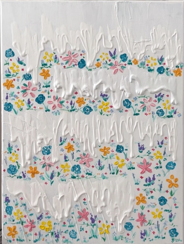 Tears Sown, Joy Reaped, textured white painting with bands of tiny colorful flowers