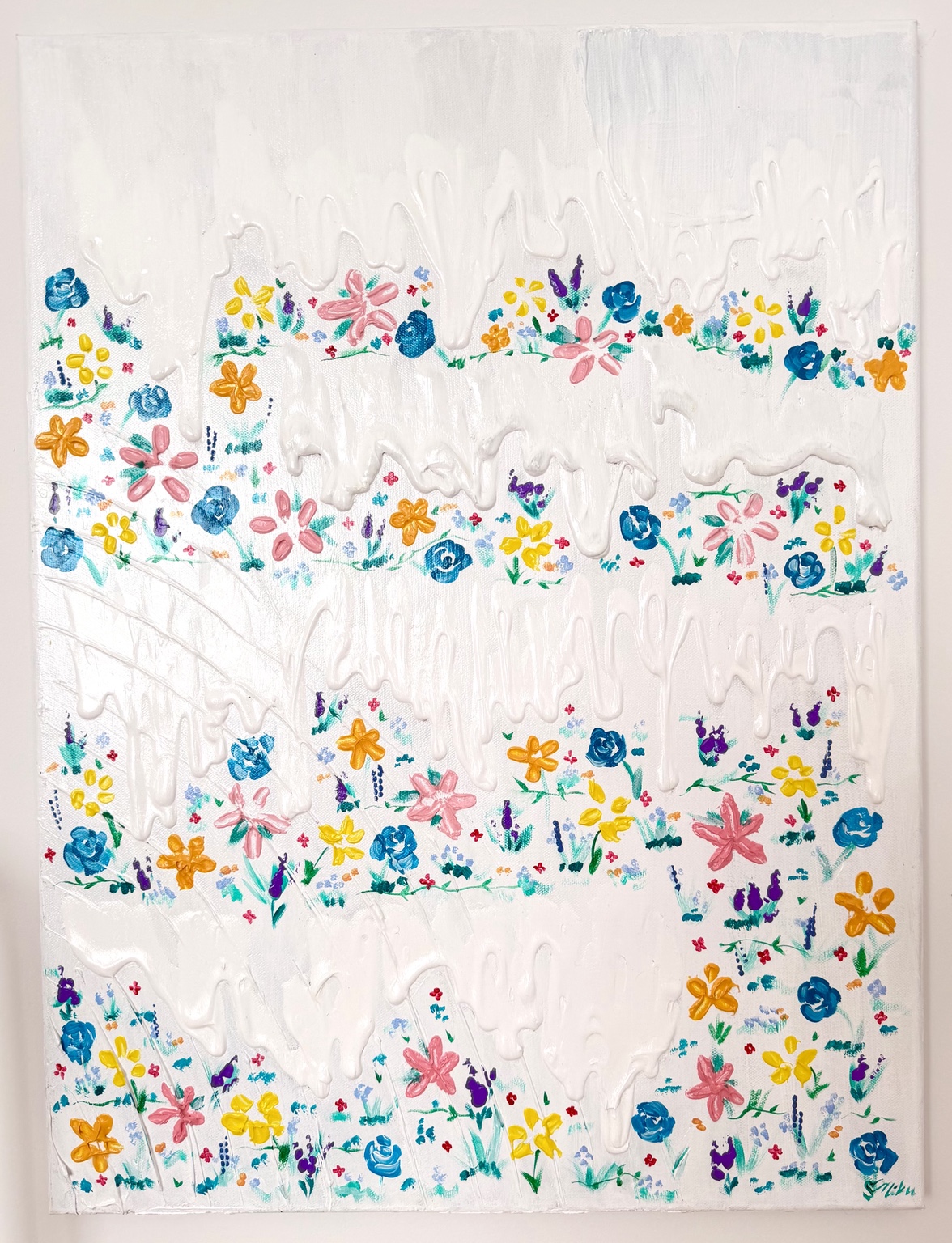 Tears Sown, Joy Reaped, textured white painting with bands of tiny colorful flowers