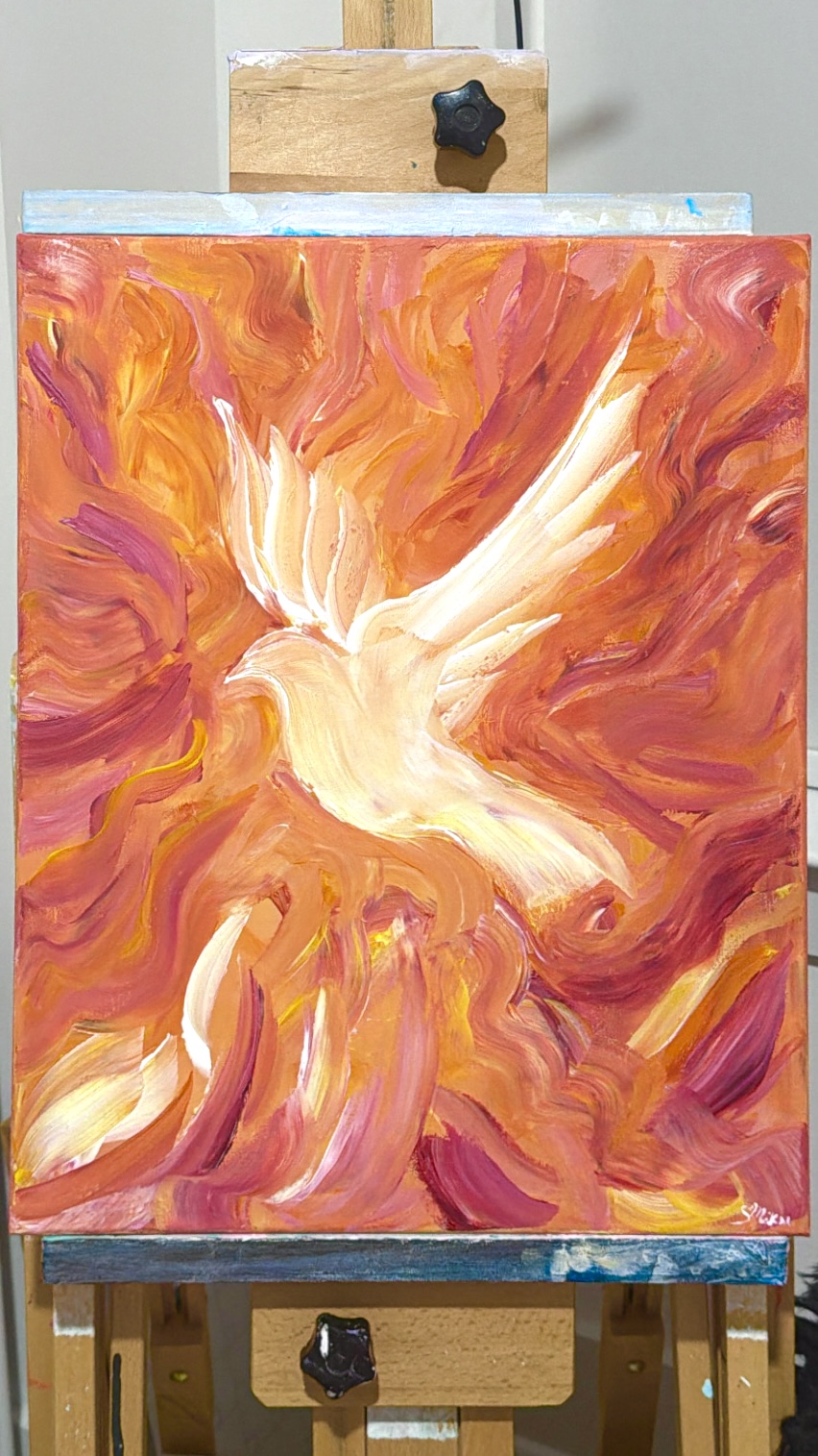 With Fire, a white dove surrounded by expressive orange, coral, yellow, and magenta flames